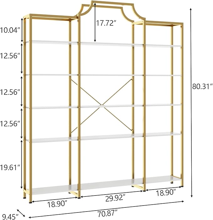 Auromie Triple Wide 5-Tier Bookshelf, 70.87" L x 79.13" H Extra Large Gold Bookcase, Tall Display Shelf with Metal Frame, Freestanding Etagere Storage Display Shelf for Home Office, White Gold
