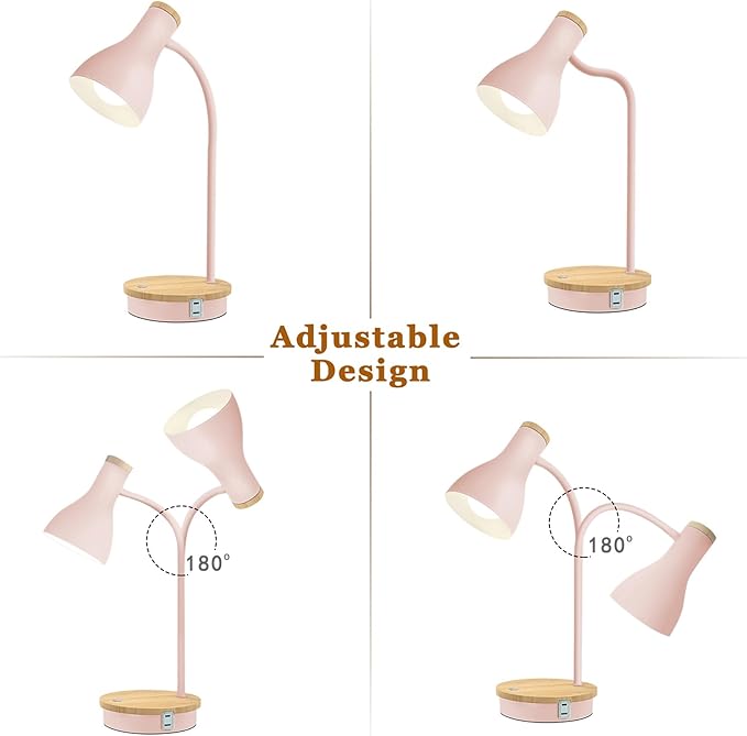 Metal Desk Lamp Wireless Charging Table Lamp Touch Reading Lights Arc Desk Lamps for Bedroom, 3 Way Dimmable Bedside Lamp with USB Charging Ports Lamp for Study Room and Office (Touch-Pink)