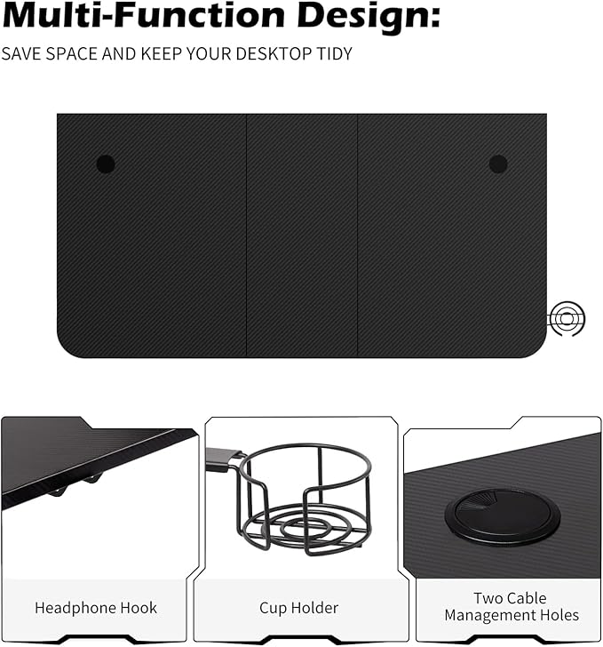 TOPSKY Gaming Desk Large Surface 63’’x31.5’’ with Cup Holder, Headphone Hook and Cable Management (Black)