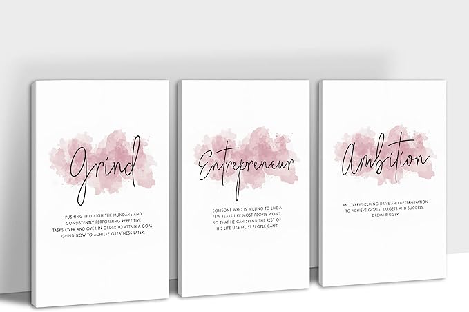 SHMAO Pink Office Canvas Wall Art Motivational Wall Decor, 3 Piece Grind Entrepreneur Ambition Pictures for Office Wall Decor Women Inspirational Framed Artwork Home Office Decor 24”x36”x3 Panels