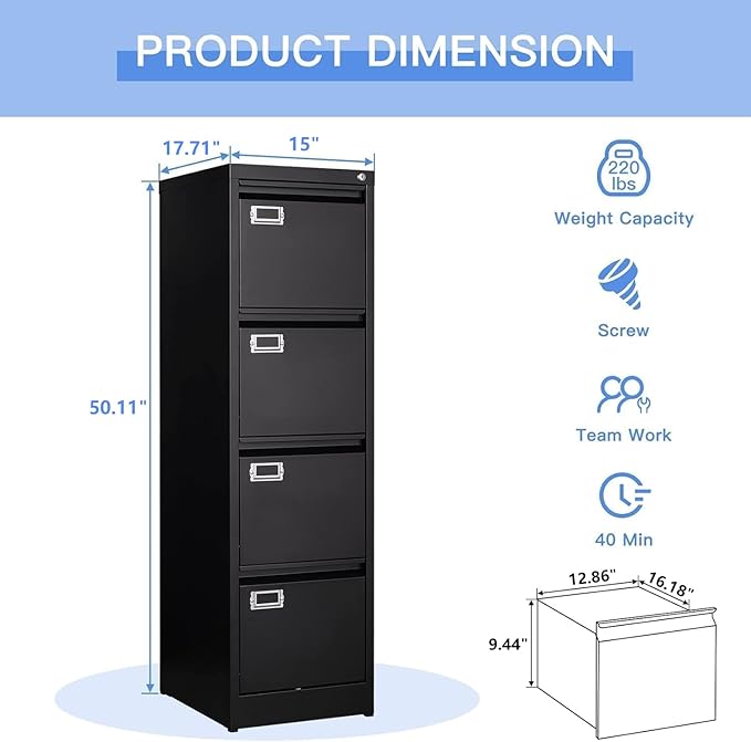 Yizosh 4 Drawer Black File Cabinet with Lock, Filing Cabinets for Home Office, Metal Locking Office File Storage Cabinets with Drawers, Vertical Small Filing Cabinet Organizer for Legal/A4