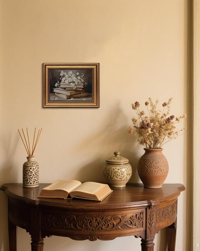 Gold Framed Wall Art Vintage Canvas Wall Art Moody Books and Flowers Dark Academia Decor Artwork Prints Picture for Living Room Bedroom Farmhouse Bathroom Office Decor, 8x10