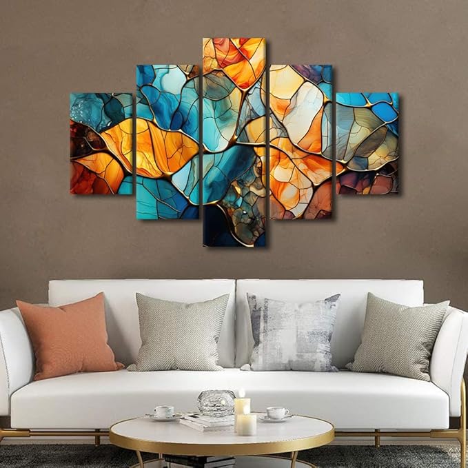 Abstract Canvas Wall Art Decor Modern Living Room Wall Art 5 Panel Home Canvas Art Blue Yellow Brown Glass Window Poster Printing for Men Living Room Decor Stretched Ready to Hang 60x40 in