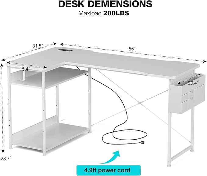 L Shaped Gaming Desk 55 Inch - Computer Corner Desk with Power Outlets, Reversible Shelves & Storage Bag for Home Office, PC Gaming Table, White Carbon