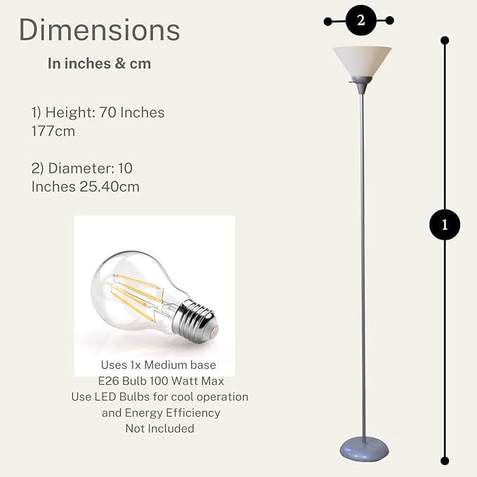 LIGHTACCENTS Mary Torchiere Floor Lamp – Silver Standing Lamp with White Shade and Rotary Switch, Modern Pole Light for Living Room, Bedroom, Office, or Dorm – Slim Minimalist Design