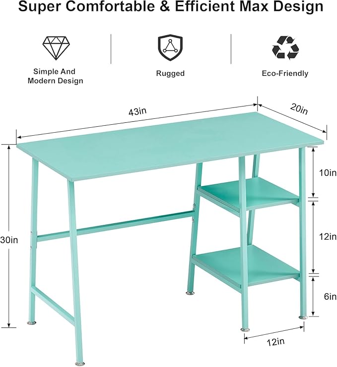 VECELO 43 Inch Computer Desk Writing Study Work Office Table Modern Desk with Shelves Wooden Desk for Home Bedroom,Blue Desk