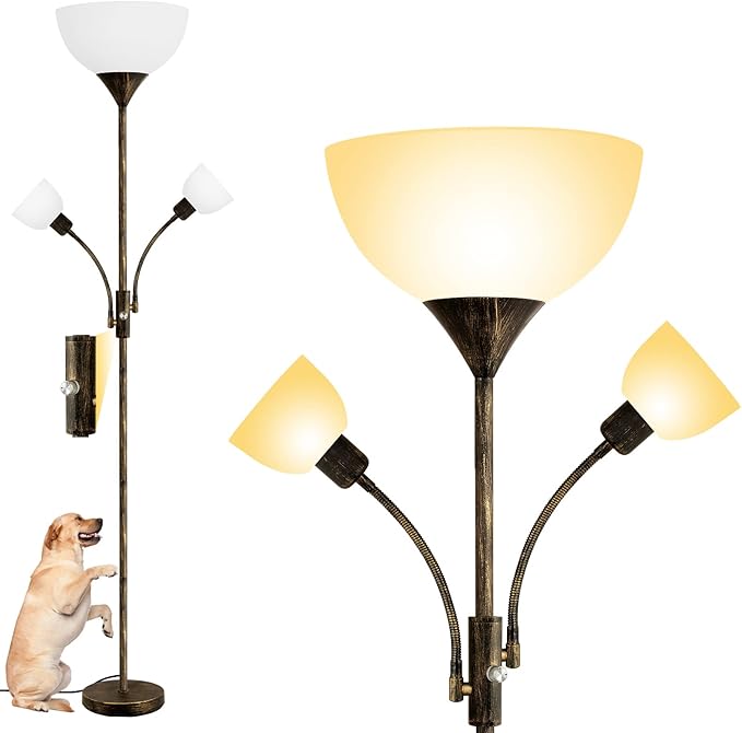 Floor Lamp, Torchiere Floor Lamps for Living Room, 71 Inch Tall Standing Lamp, Bedroom Lamps with Reading Light, Rotary Switch, 3 Plastic Lampshade, Torch Floor lamps for Bedroom (Bronze, No Bulb)