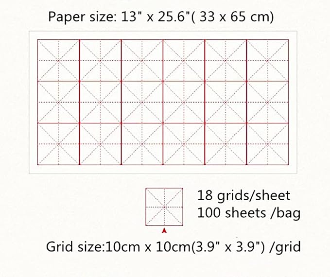 MEGREZ Chinese Calligraphy Xuan Paper Brush Writing Sumi Paper XuanPaper Rice Paper with Grids for Students, Beginners Practice Kanji Japanese Calligraphy, 100 Sheets/Pack, 10cm/Grid