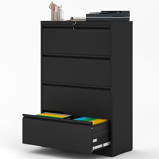 File Cabinet with Lock, 4 Drawer Lateral Filing Cabinet for Home Office, Metal Heavy Duty File Cabinets for Hanging Letter/Legal/F4/A4 Size Files, Assembly Required (Black)