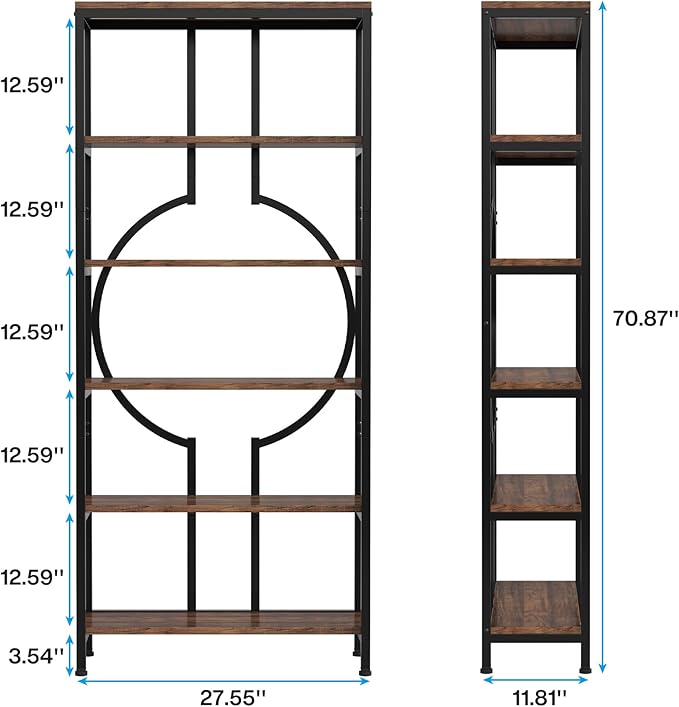 Tribesigns 70.9 Inch Industrial Bookshelf, 6-Tier Tall Etagere Bookcase with Open Shelves, Metal Decorative Book Shelf Storage Shelving Unit for Living Room and Home Office, Rustic Brown