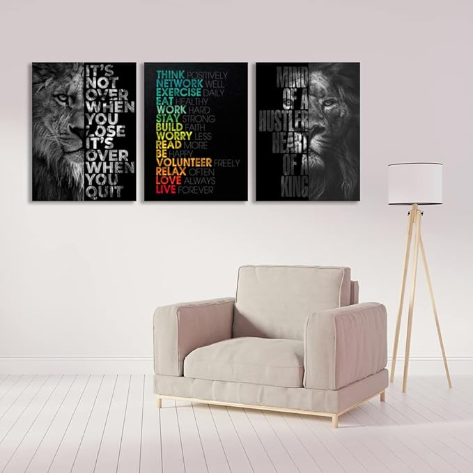 3 Pieces Lion Wall Art - Motivational Wall Art, Inspirational Canvas Prints for Office Decor, Positive Quotes Posters for Men, Leadership & Strength Pictures for Bedroom Living Room, 24inch x36inch