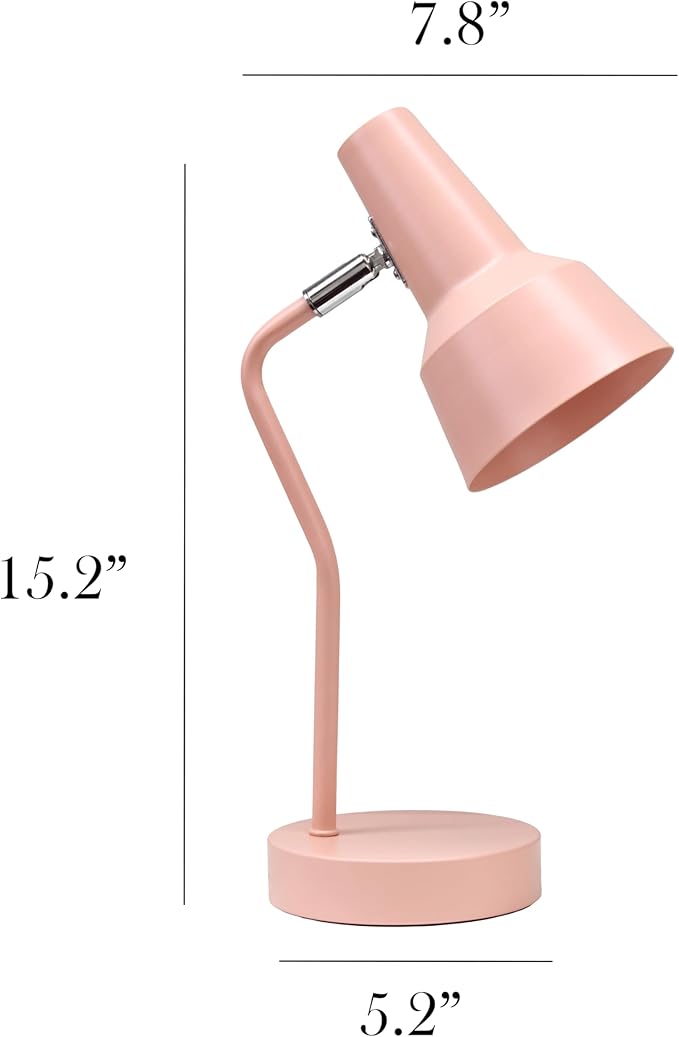 Simple Designs LD1078-BPK 15.2" Sleek Essentials Metal Cone Shade Desk Lamp with Adjustable Shade, for Office, Desk, Nightstand, Dorm, Blush Pink