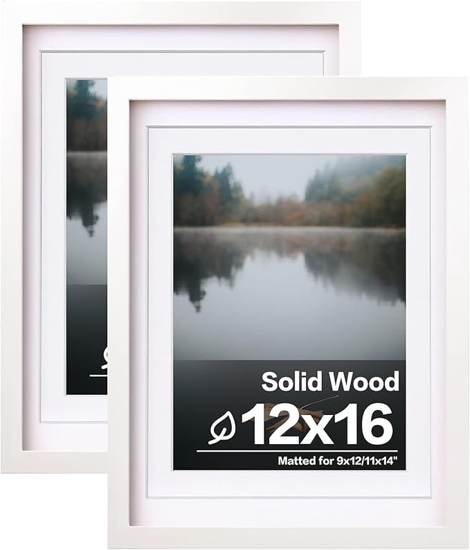Egofine 12x16 Picture Frames White Set of 2, Solid Wood Frames Covered by plexiglass, Display photos 9x12/11x14 with Mat or 12x16 without mat, for Wall Mounting