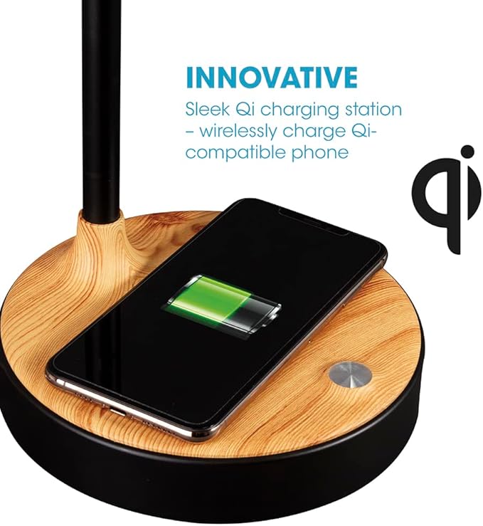 OttLite Wellness Series Wireless Charging LED Table Lamp, LED Desk Lamp and Book Light, Reading Light, Great Desk Lights for Home Office, Black with Woodgrain Accents