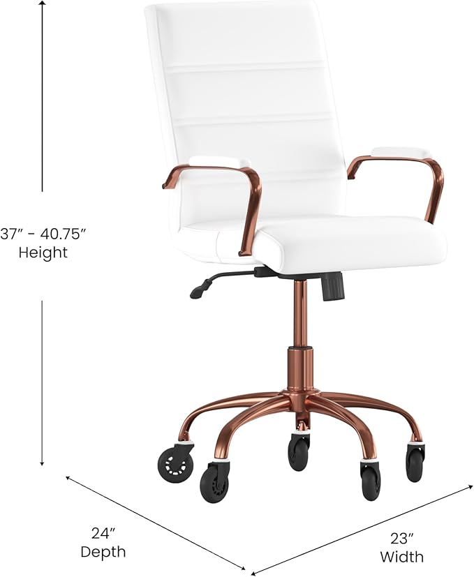 Flash Furniture Camilia Mid-Back White LeatherSoft Executive Swivel Office Chair with Rose Gold Frame, Arms, and Transparent Roller Wheels