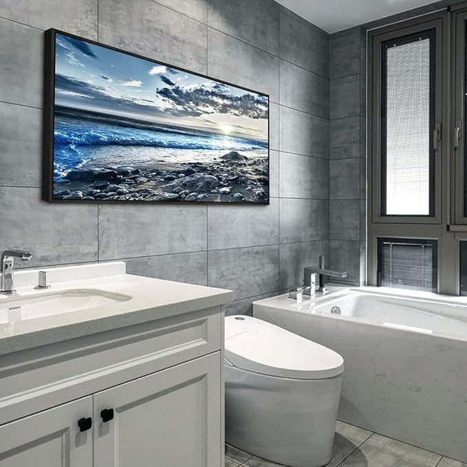 Black Framed Canvas Wall Art - Large Size, Modern Office & Bedroom Decor - Blue Beach Ocean Seascape Prints - 30"X60"