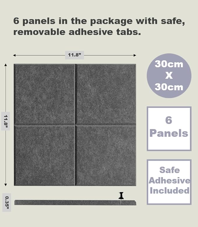 Cork Board 24 x36 Alternative - 6 Pack Felt Wall Tiles with Safe Removable Adhesive Tabs, Cork Boards for Walls Cork Board for Home Office Pin Board Tack Board - Gray Black
