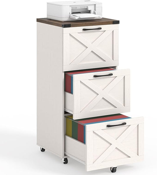 3 Drawer Tall File Cabinet with Wheels, Farmhouse Vertical Filing Cabinet Fits Letter/A4 Size, Rolling File Cabinets Wooden Printer Stand for Home Office, Rustic White