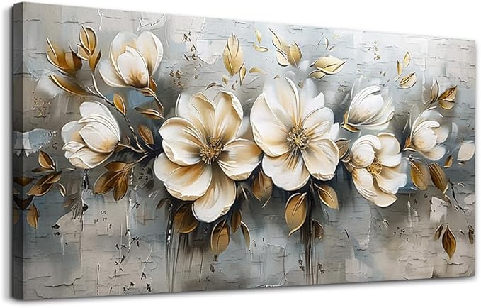 PHAOHUAXM Large Canvas Wall Art For Bedroom Wall Decoration For Living Room Restaurant Office Mural Abstract White Flowers Paintings Printing Artwork Modern Posters Home Decor Ready To Hang 24"x48"