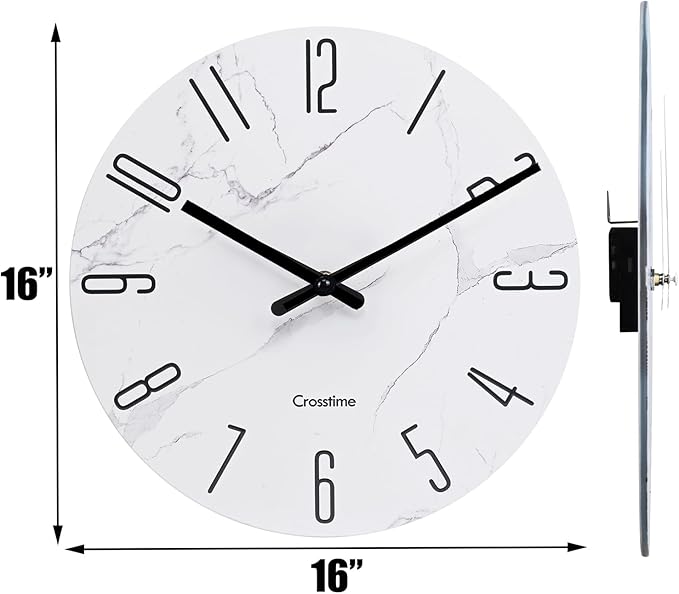 16 Inch Wall Clock White Marble Grain - Battery Operated Silent Modern Farmhouse Decor Quartz Round Analog Clock for Kitchen, Bathroom, Living Room