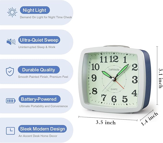 Battery Analog Travel Alarm Clock, Small Clock for Bedroom, Desk Table Shelf Clocks for Room Office Bathroom Vanity, Aesthetic Retro Clocks for Kids, Dark Blue