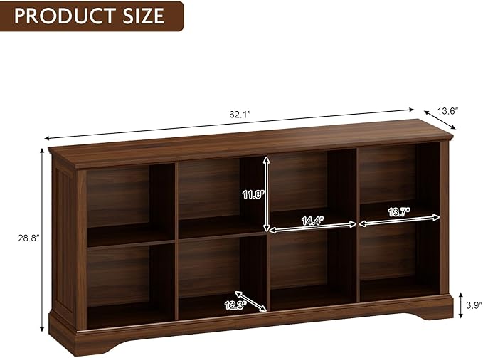 8 Cube Storage Organizer - 62" Long Farmhouse Wood Low Bookshelf, Horizontal Open Shelf Bookcase Cubby Storage Console Cabinet for Living Room, Entryway, Office, Walnut