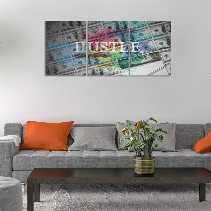 Hustle Wall Art Inspirational Posters Motivational Canvas Wall Art Entrepreneur Quotes Prints Wall Decor 3 Pieces Inspiring Success for Office Home Living Room Bedroom Framed Ready to Hang(60”Wx28”H)