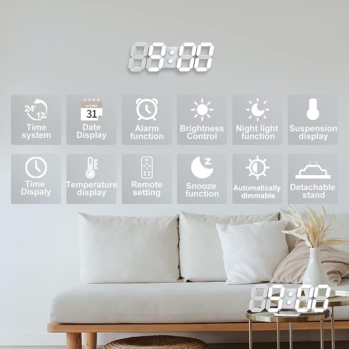 Deeyaple LED Clock, 3D Digital Wall & Desk Alarm Clock with Snooze, Dimmable Display, Time Memory, 12/24H Date & Temperature, Remote Control Night Light for Bedroom, Office, Kitchen, Home (White)
