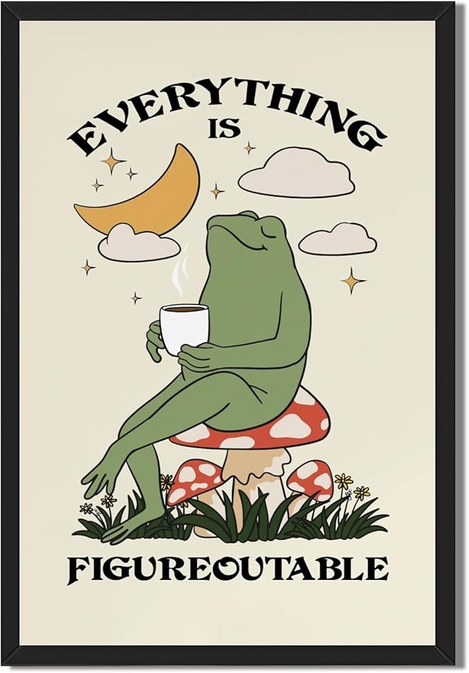 Everything Is Figureoutable Motivational Wall Art Funny Frog Coffee Inspirational Poster Positive Quote Daily Reminder Canvas Print Affirmation Wall Decor for Home Office 12x16inch Black Framed