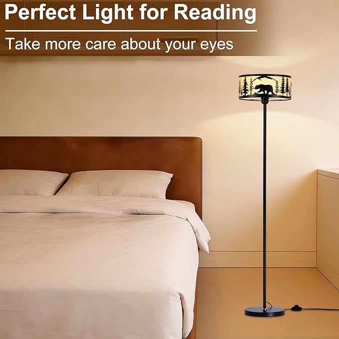 Mid Century Modern Floor Lamp,Unique Deer Bear Black Farmhouse Drum Gothic Floor Lamp with White Parchment,57.67" Tall Metal Rustic Standing Light for Living Room,Bedroom,Home,Office,Corner