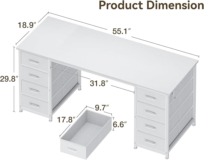 ODK 55 Inch Computer Desk with 8 Fabric Drawers, Modern Office Desk with Large Storage for Home Office, Study, Gaming, White