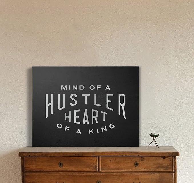 Mind Of A Hustler Heart Of A King - Inspirational Contemporary Entrepreneur Quotes Canvas Wall Art Black and White Motivational Framed Artwork HD Print Easy to Hang-24 Wx18 H