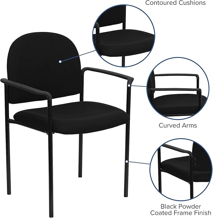 Flash Furniture Tiffany Side Reception Chair with Armrests, Stackable Fabric Waiting Room Chair for Commercial or Residential Use, Black