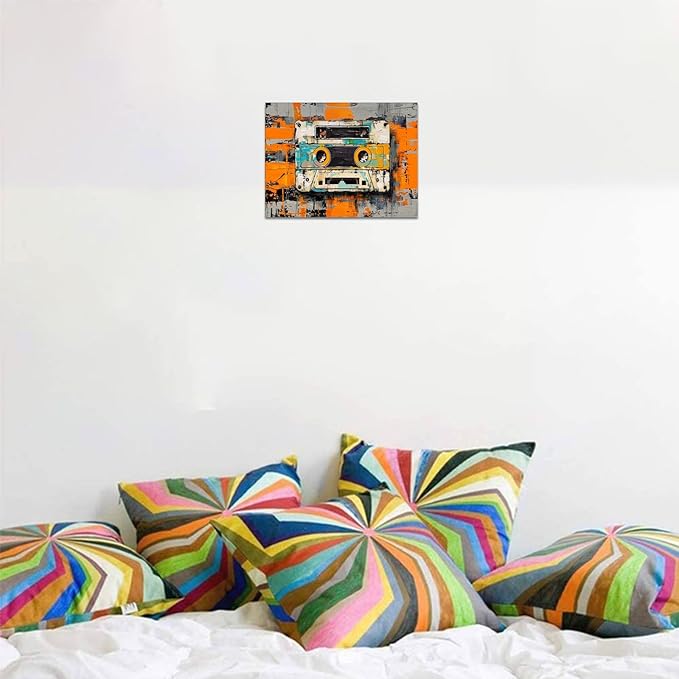 Tape Cassettes Graffiti Wall Art, Large Colorful Framed Wall Decor for Bathroom Bedroom Office Living Room,Pop Culture Abstract Art Posters Stretched and Framed Ready to Hang 12"X16"