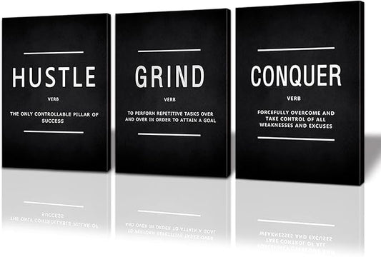 BWSPACE Wall Art Office Decor Motivational Wall Art Canvas Prints Entrepreneur Bundle Set 3 Pieces BW SPACE Grind Hustle Success Execution (60inch W x 28inch H, HGC)