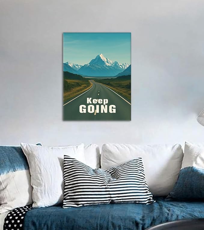 Keep Going Canvas Wall Art - Motivational Landscape Print with Stretching Highway and Snowy Mountains, Inspirational Landscape Artwork for Office Home Living Room Wall Decor, Framed 18"x24"