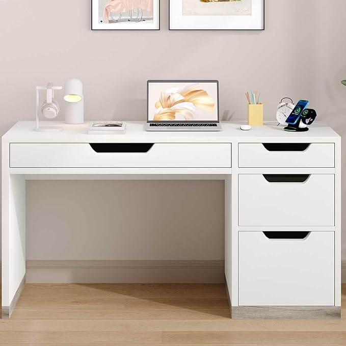 52 Inch White Desk with 4 Drawers, Computer Desk with Storage for Small Spaces with Storage File Drawer, Small Home Office Desk with Drawers for Bedroom