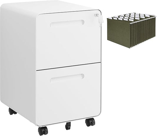 2 Drawers Metal Filing Cabinet with Lock, with 25 File Folders, Mobile Vertical Cabinet with Fully Assembled Except Casters, for Home Office, White