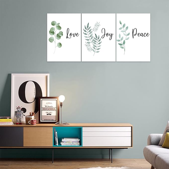 3 Piece Inspirational Wall Art, White Plants Background Picture, Quotes "Love Joy Peace" Canvas Print for Bedroom Decor, Triptych Entrepreneur Painting Framed Artwork for Gym Wall Decor (36"Wx24" H)
