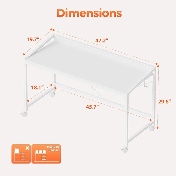 Mericonia 48 inch Rolling Computer Desk with Wheels, Gaming Desk for Small Spaces, Modern Simple Style Table for Home Office, Study Writing Table