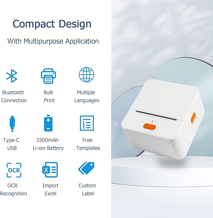 NETUM P58C Mini Label Printer - Portable Barcode Label Maker with Bluetooth, Inkless Thermal Technology for Retail, Clothing, Small Business & Home Office (White)