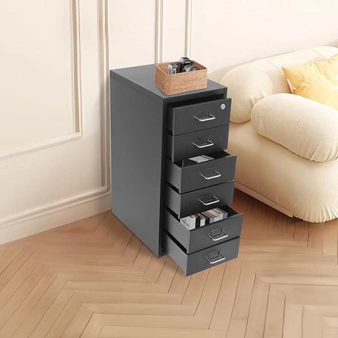 Vertical File Cabinets, 6 Tier Metal File Cabinet with Lock, Black Multi Drawer Cabinet for Home Office, Assembly Required