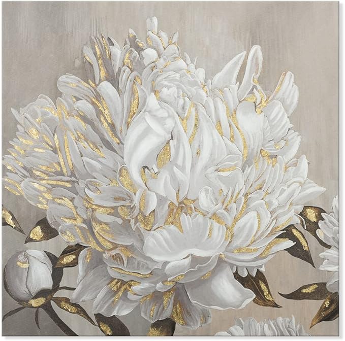 Goldfoilart Floral Wall Art White Blooming Flower Canvas Pictures Modern Paintings with Gold Foil Framed Artwork for Living Room Bathroom Bedroom Kitchen Office Wall Decor 24" x 24"