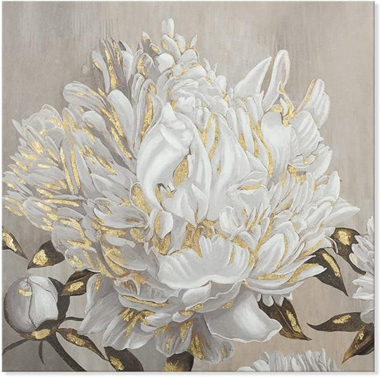 Goldfoilart Floral Wall Art White Blooming Flower Canvas Pictures Modern Paintings with Gold Foil Framed Artwork for Living Room Bathroom Bedroom Kitchen Office Wall Decor 24" x 24"