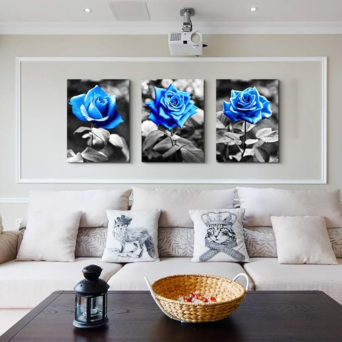 Lapremoly Wall Art For Bedroom Black And White Wall Decor For Living Room Kitchen Family Pictures Artwork Blue Rose Flowers Framed Canvas Paintings Ready To Hang Modern Office Home Decorations