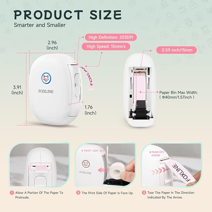 FOXLINE F10 Label Maker Machine with Pink Tape, Portable Bluetooth Thermal Mini Label Printer, Rechargeable Sticker Maker, Inkless Labeler for Home, School, Kitchen, Office Organization, White
