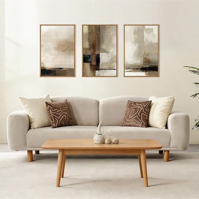 HOURIA Large Abstract Neutral Framed Canvas Wall Art Set,Brown Beige Wall Decor,Minimalist Textured Wall Painting,Modern Brush Stroke Line Art Print for Living Room,Bedroom,Office- 24"x36"x3