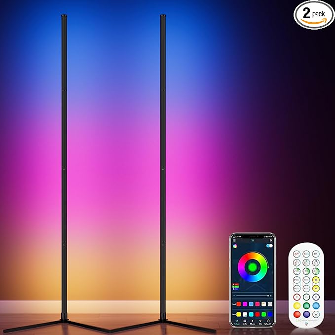2PCS RGB Corner Floor Lamp, 64.5" RGB Color Changing Mood Light Bluetooth APP and Remote Control Music Sync LED 398 Dimmable Modes Modern Floor Lamp for Living Room, Light Timing