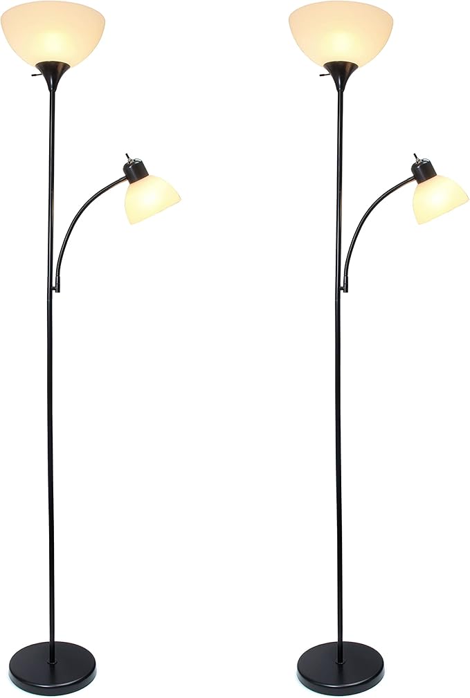 Simple Designs LF2000-BLK-2PK 2 Light Mother Daughter Floor Lamp with Reading Light, 2 Pk Black, 71.5"