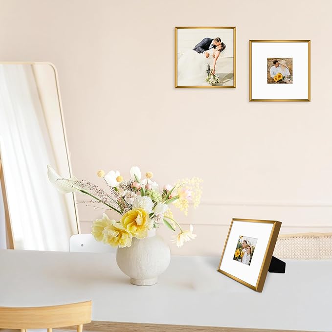 Golden State Art, Gallery Wall Frame Set of 6 - Bronze 8x8 Aluminum Photo Frames with Mat for 4x4 Pictures - 8 x 8 inch Metal Frame with Real Glass Cover - Elegant Home or Office Decor
